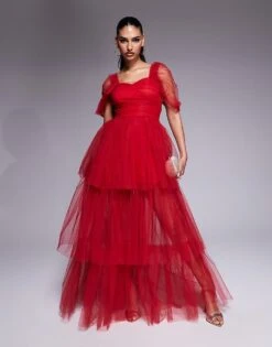Lace & Beads Off Shoulder High Low Tulle Maxi Dress In Red For Women