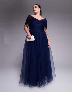 Lace & Beads Plus Bow Off Shoulder Tulle Maxi Dress In Navy For Women