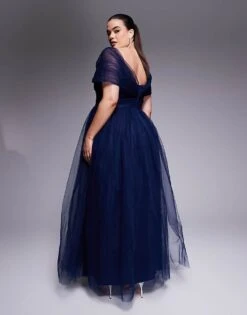 Lace & Beads Plus Bow Off Shoulder Tulle Maxi Dress In Navy For Women -Doll Wear Style 208063549 4