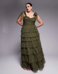 Lace & Beads Plus Bow Shoulder Tiered Tulle Maxi Dress In Deep Olive For Women -Doll Wear Style 208063557 1 deepolive 1