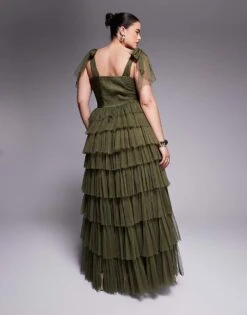 Lace & Beads Plus Bow Shoulder Tiered Tulle Maxi Dress In Deep Olive For Women -Doll Wear Style 208063557 3