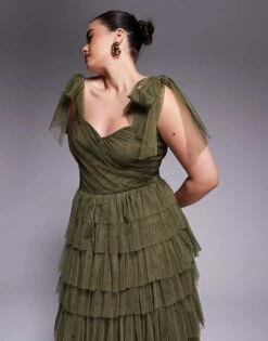 Lace & Beads Plus Bow Shoulder Tiered Tulle Maxi Dress In Deep Olive For Women -Doll Wear Style 208063557 4