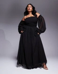 Lace & Beads Plus Off Shoulder Balloon Sleeve Maxi Dress In Black For Women