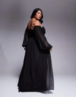 Lace & Beads Plus Off Shoulder Balloon Sleeve Maxi Dress In Black For Women -Doll Wear Style 208063559 3