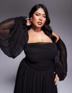 Lace & Beads Plus Off Shoulder Balloon Sleeve Maxi Dress In Black For Women -Doll Wear Style 208063559 4